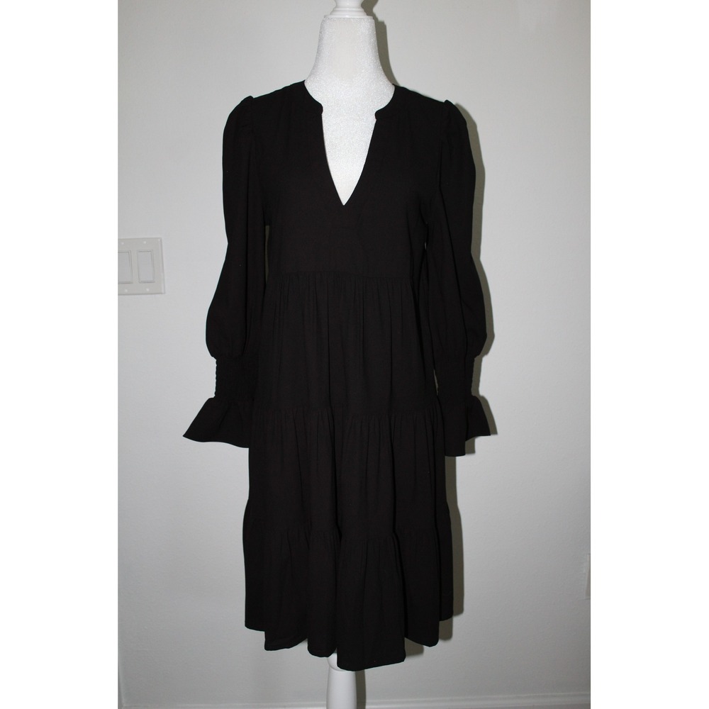 Pomander Place Tuckernuck Black Crepe Kenzo Tiered Mini Dress Puff Sleeve S